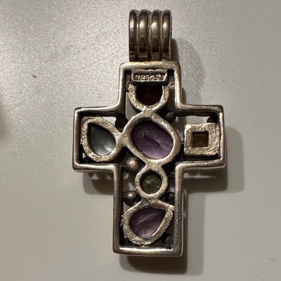 Silver Multi-Gemstone Cross Pendant - Picture 3 of 5